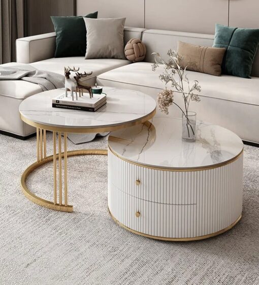 Coffee table double, fluted, white and gold, two drawers, round