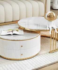 Coffee table double, fluted, white and gold, two drawers, round, beautiful