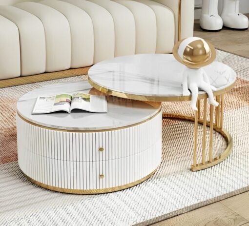 Coffee table double, fluted, white and gold, two drawers, round, beautiful