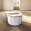 Coffee table double, fluted, white and gold, two drawers, round, unique