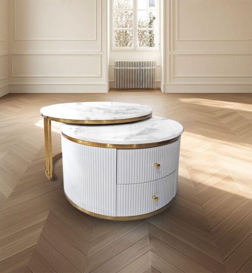 Coffee table double, fluted, white and gold, two drawers, round, unique