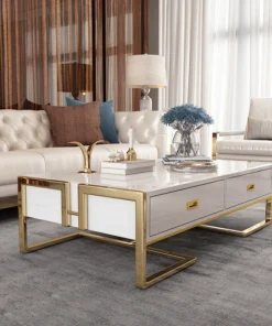 Rectangular coffee table, white, glass top, gold base, glamour style, exclusive