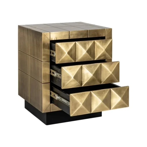 Rectangular nightstand, black and gold, 3 drawers, decorative front, glamour, for bedroom