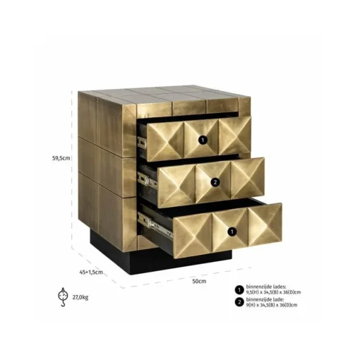 Rectangular nightstand, black and gold, 3 drawers, decorative front, glamour, dimensions