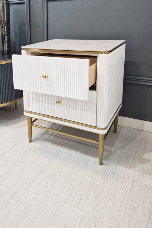 NIGHT TABLE fluted, white and gold, synthetic marble top, glamour style, beautiful