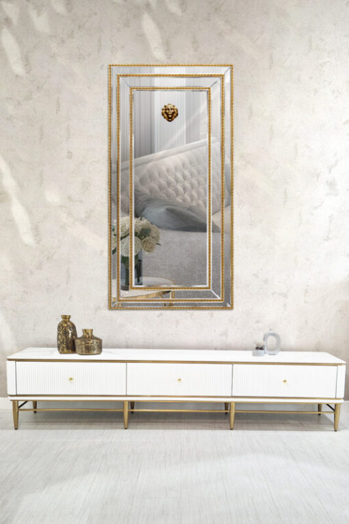 RTV BOARD white fluted, gold metal details, sintered stone top, glamour, for living room