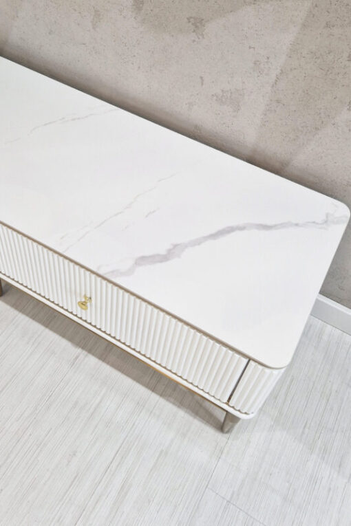 RTV BOARD white fluted, gold metal details, sintered stone top, glamorous, exclusive