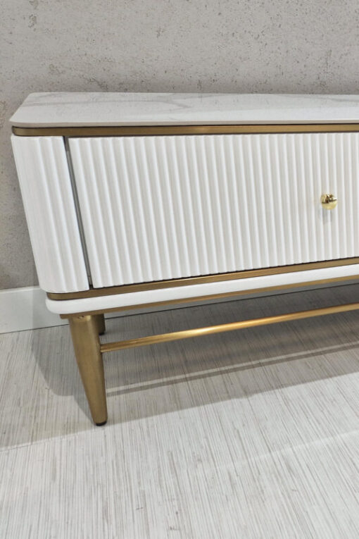 RTV BOARD white fluted, gold metal details, sintered stone top, glamorous, beautiful