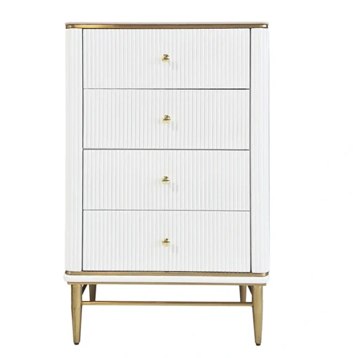 RIVERED CUPBOARD with 4 drawers, white and gold, synthetic marble top, glamour