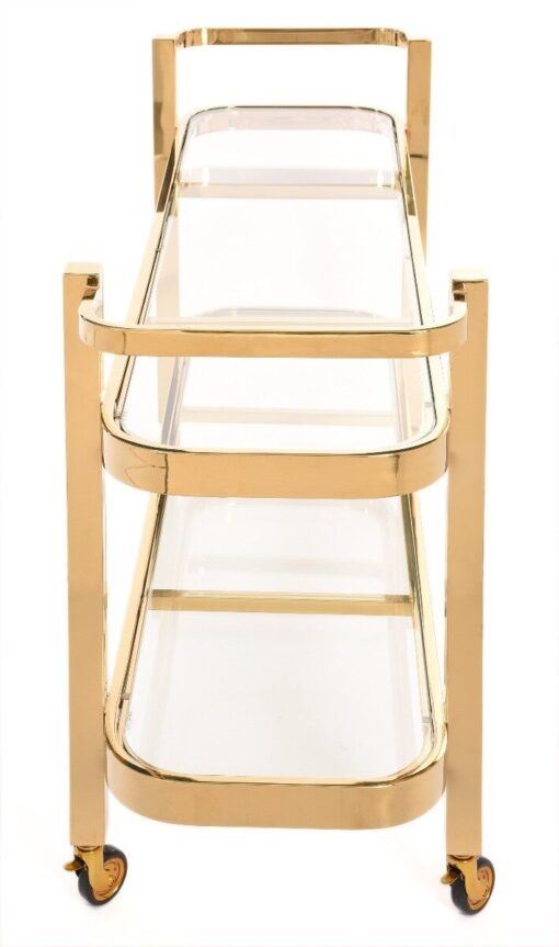 Bar side table on wheels, two-tier, gold metal frame, glass tops, glamour-1