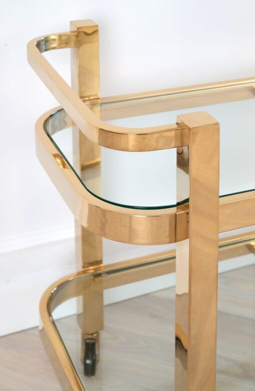 Bar side table on wheels, two-tier, gold metal frame, glass tops, glamour-2