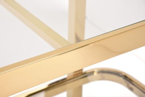 Bar side table on wheels, two-tier, gold metal frame, glass tops, glamour-4
