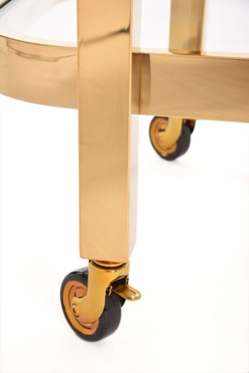 Bar side table on wheels, two-tier, gold metal frame, glass tops, glamour-6