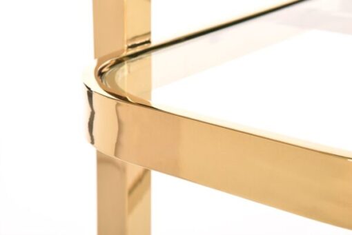 Bar side table on wheels, two-tier, gold metal frame, glass tops, glamour-7