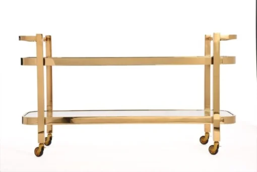 Bar side table on wheels, two-tier, gold metal frame, glass tops, glamour, for living room