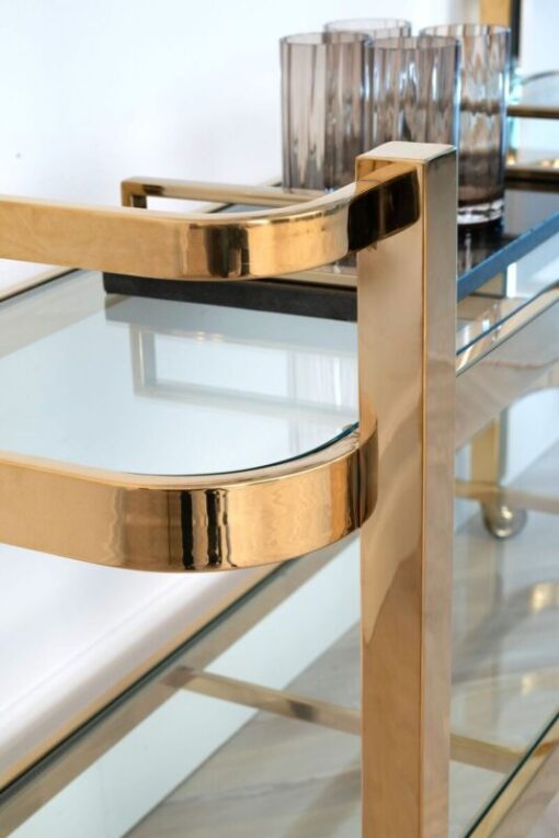 Bar side table on wheels, two-tier, gold metal frame, glass tops, glamour, exclusive