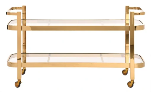 Bar side table on wheels, two-tier, gold metal frame, glass tops, glamour, top quality
