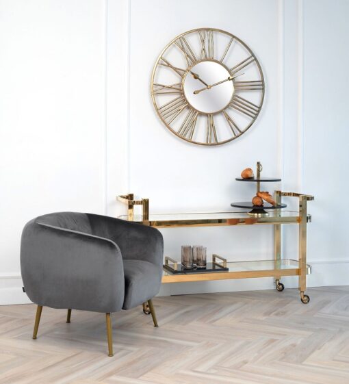 Bar side table on wheels, two-tier, gold metal frame, glass tops, glamour, modern