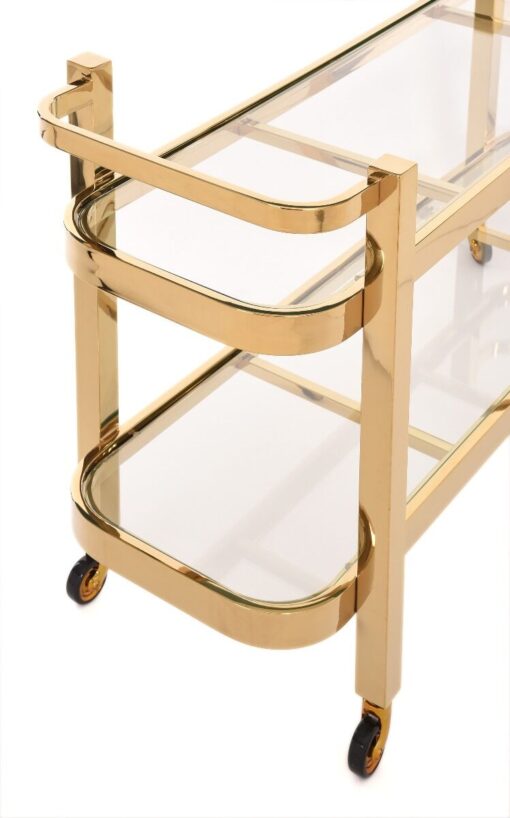 Bar side table on wheels, two-tier, gold metal frame, glass tops, glamour, premium