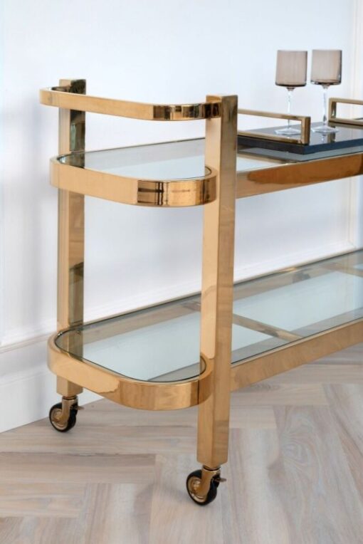 Bar side table on wheels, two-tier, gold metal frame, glass tops, glamour, unique