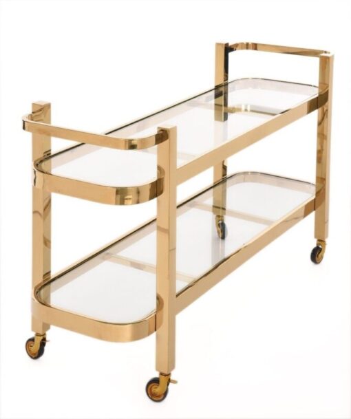 Bar side table on wheels, two-tier, gold metal frame, glass tops, glamour, sophisticated