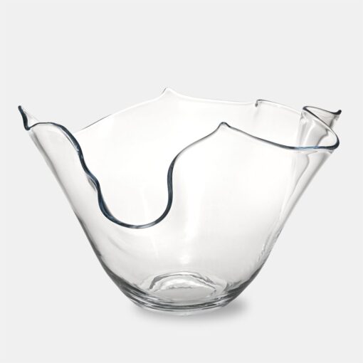 LARGE glass bowl, transparent, round with crinkled rim, hand formed, modern