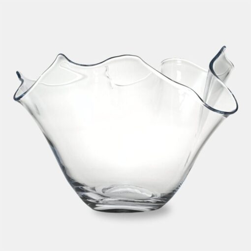 LARGE glass bowl, transparent, round with crinkled rim, hand formed, modern, beautiful