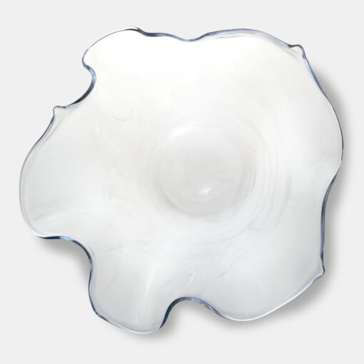 LARGE glass bowl, transparent, round with crinkled rim, hand formed, modern, unique