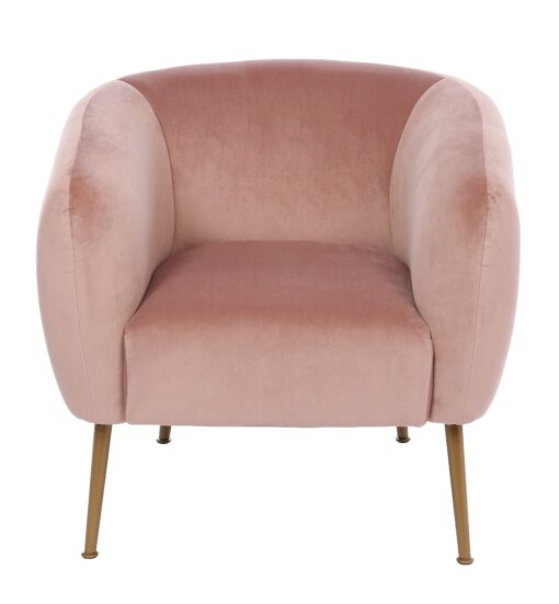 ROUNDED soft back armchair with armrests, gold legs, pink velour, pastel cocktail style
