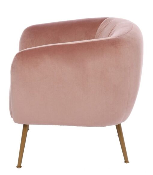 ROUNDED soft-back armchair with armrests, gold legs, pink velour, pastel cocktail style, designer