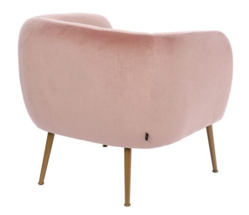 ROOM with rounded soft backrest with armrests, golden legs, pink velour, pastel cocktail style, elegant