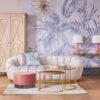ROOM with rounded soft backrest with armrests, golden legs, pink velour, pastel cocktail style, top quality