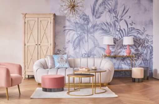 ROOM with rounded soft backrest with armrests, golden legs, pink velour, pastel cocktail style, top quality