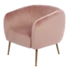 ROUNDED soft back armchair with armrests, golden legs, pink velour, pastel cocktail style, modern