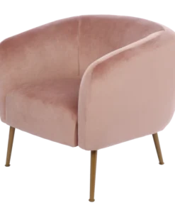 ROUNDED soft back armchair with armrests, golden legs, pink velour, pastel cocktail style, modern