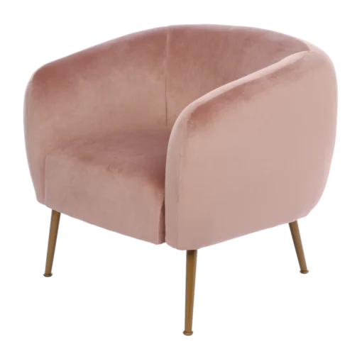 ROUNDED soft back armchair with armrests, golden legs, pink velour, pastel cocktail style, modern