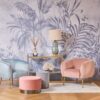 Armchair with rounded soft back with armrests, golden legs, pink velour, pastel cocktail style, beautiful