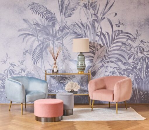 Armchair with rounded soft back with armrests, golden legs, pink velour, pastel cocktail style, beautiful