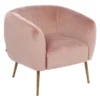 ROOM with rounded soft back with armrests, gold legs, pink velour, pastel cocktail style, comfortable
