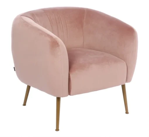 ROOM with rounded soft back with armrests, gold legs, pink velour, pastel cocktail style, comfortable