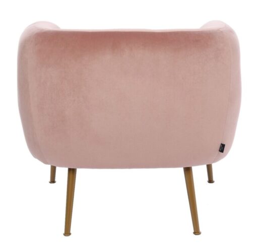 Armchair with rounded soft back with armrests, gold legs, pink velour, pastel cocktail style, sophisticated