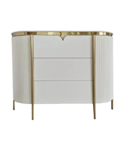 White chest with drawers, gold elements, fluted, rounded sides, stone sintered top 120 cm