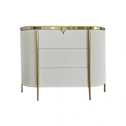 White chest with drawers, gold elements, fluted, rounded sides, stone sintered top 120 cm