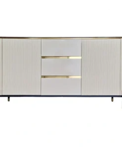 Cashmere dresser, gold metal details, fluted body, black top, modern