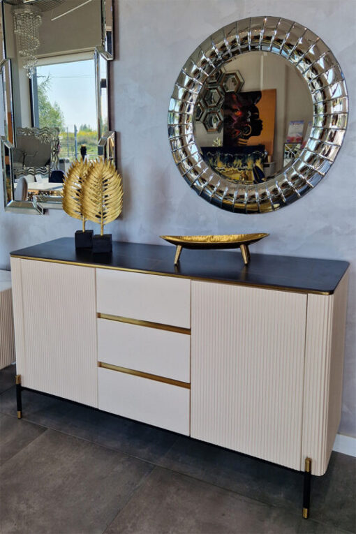 Cashmere dresser, gold metal details, fluted body, black top, modern, for living room