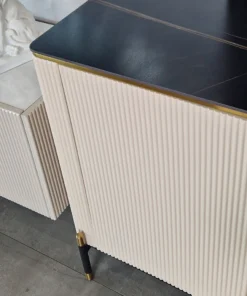 Cashmere dresser, gold metal details, fluted body, black top, modern, beautiful