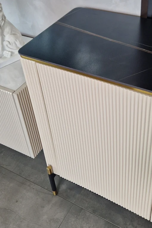 Cashmere dresser, gold metal details, fluted body, black top, modern, beautiful