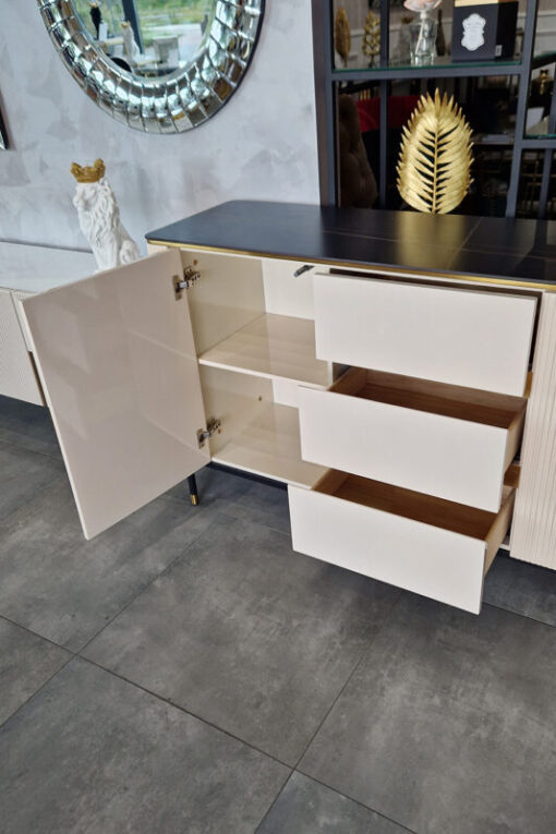 Cashmere dresser, gold metal details, fluted body, black top, modern, unique