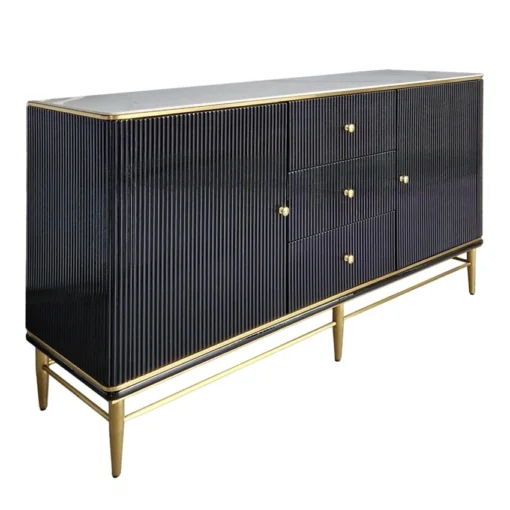 GOLD frame chest of drawers, black fluted body, white stone sintered top, modern