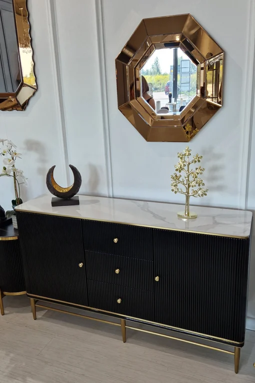 COSHH on gold frame, black fluted body, white stone sintered top, modern, exclusive